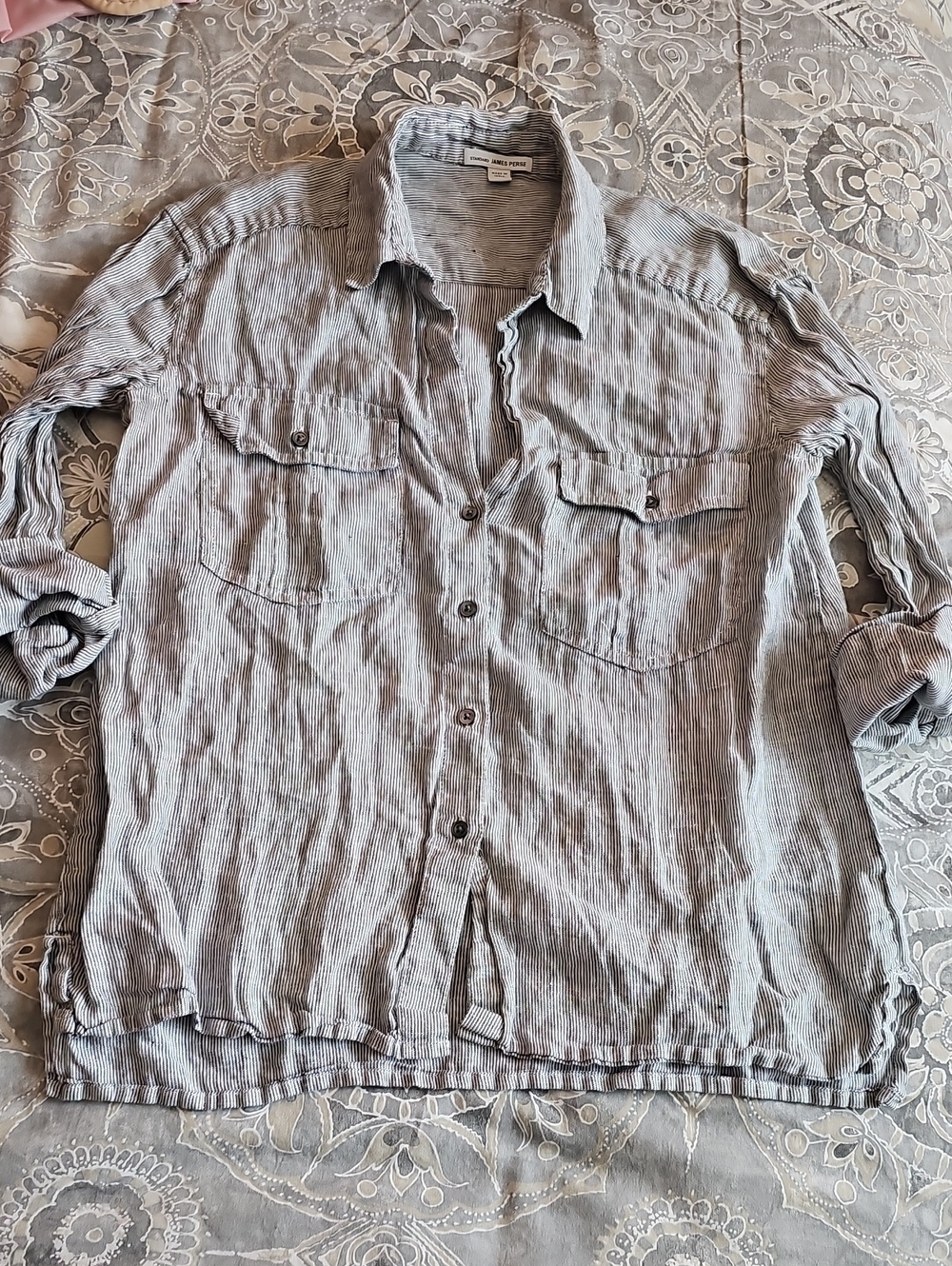 James Perse Gray Pinstripe Linen Button Down Shirt